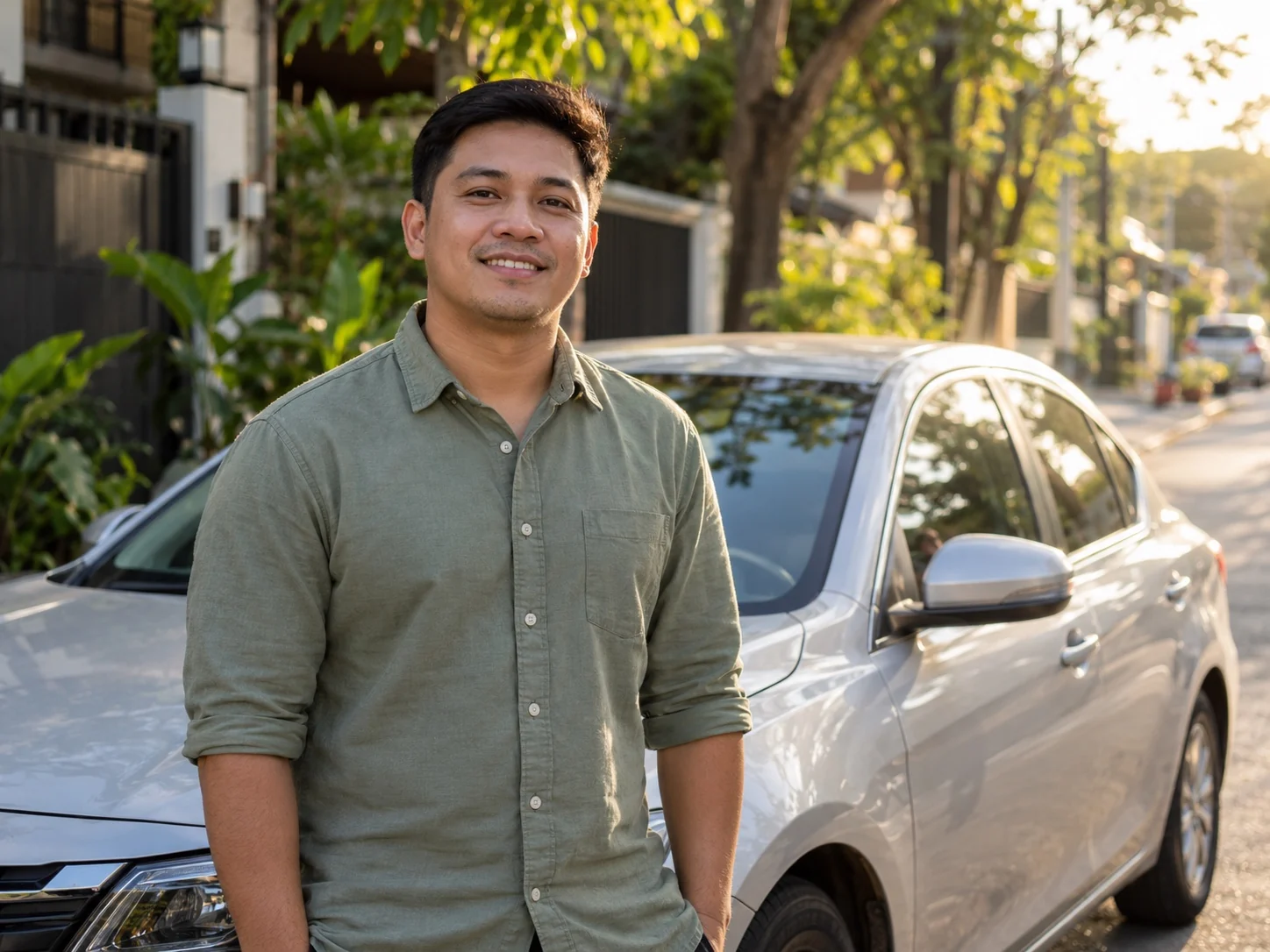 A professional Filipino driver standing beside a silver car